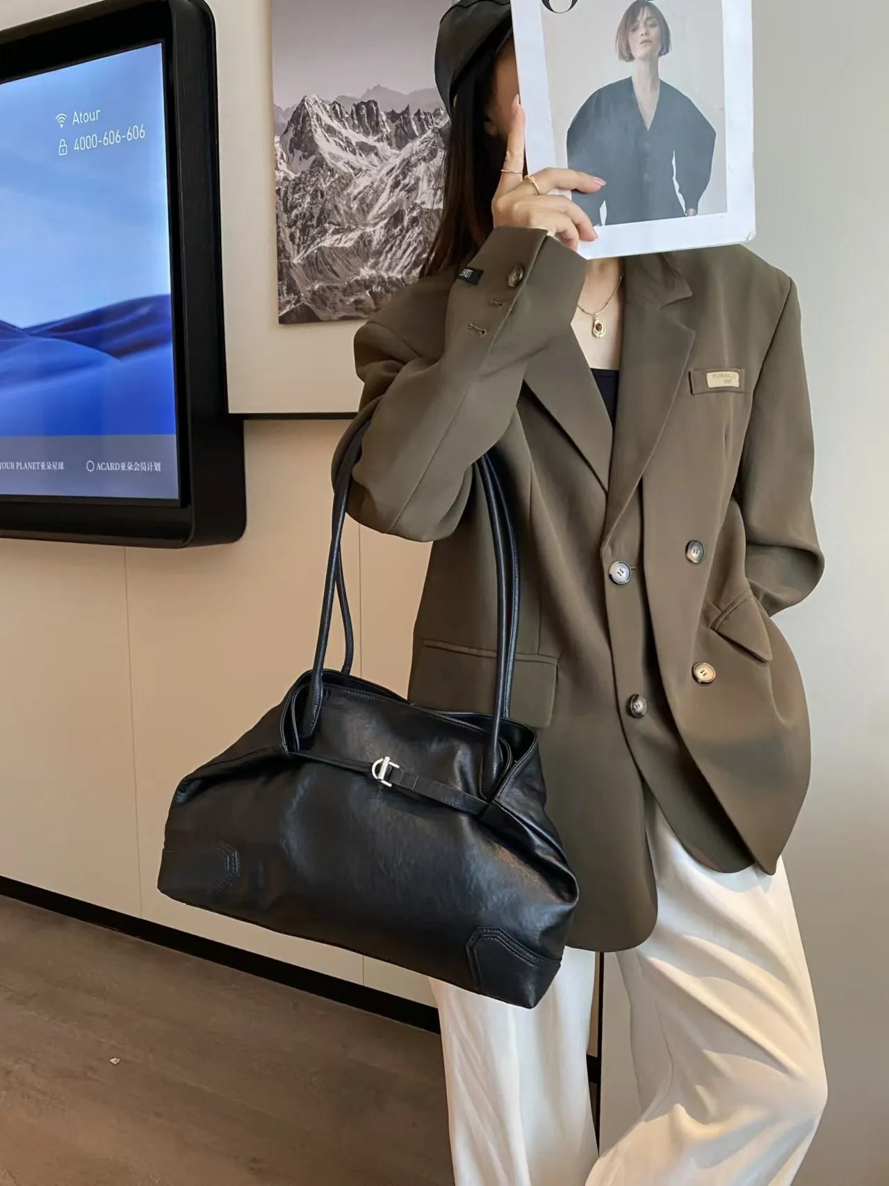 Beige Coffee Leather Tote Bag