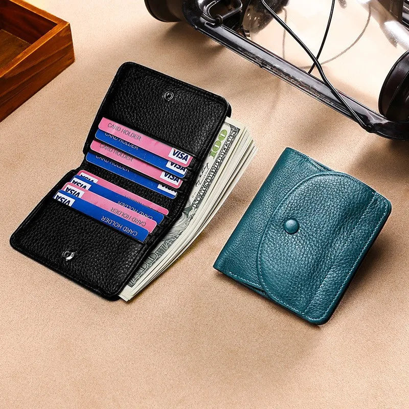 Blue RFID Card Holder - Cowhide Mini Wallet with Coin Pocket