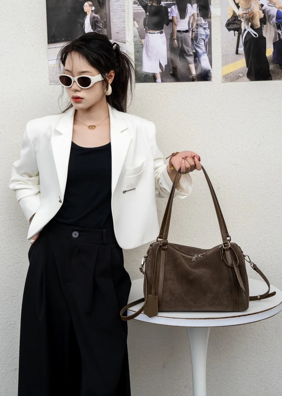 Black Suede Boston Tote Bag 2026