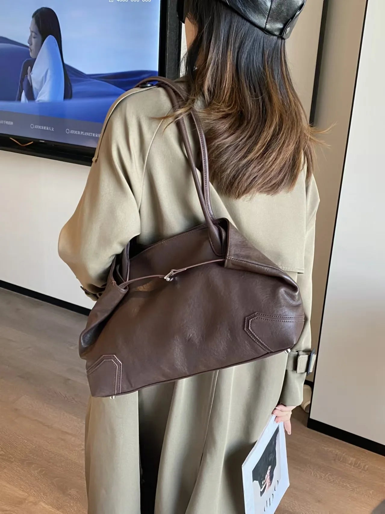 Beige Coffee Leather Tote Bag