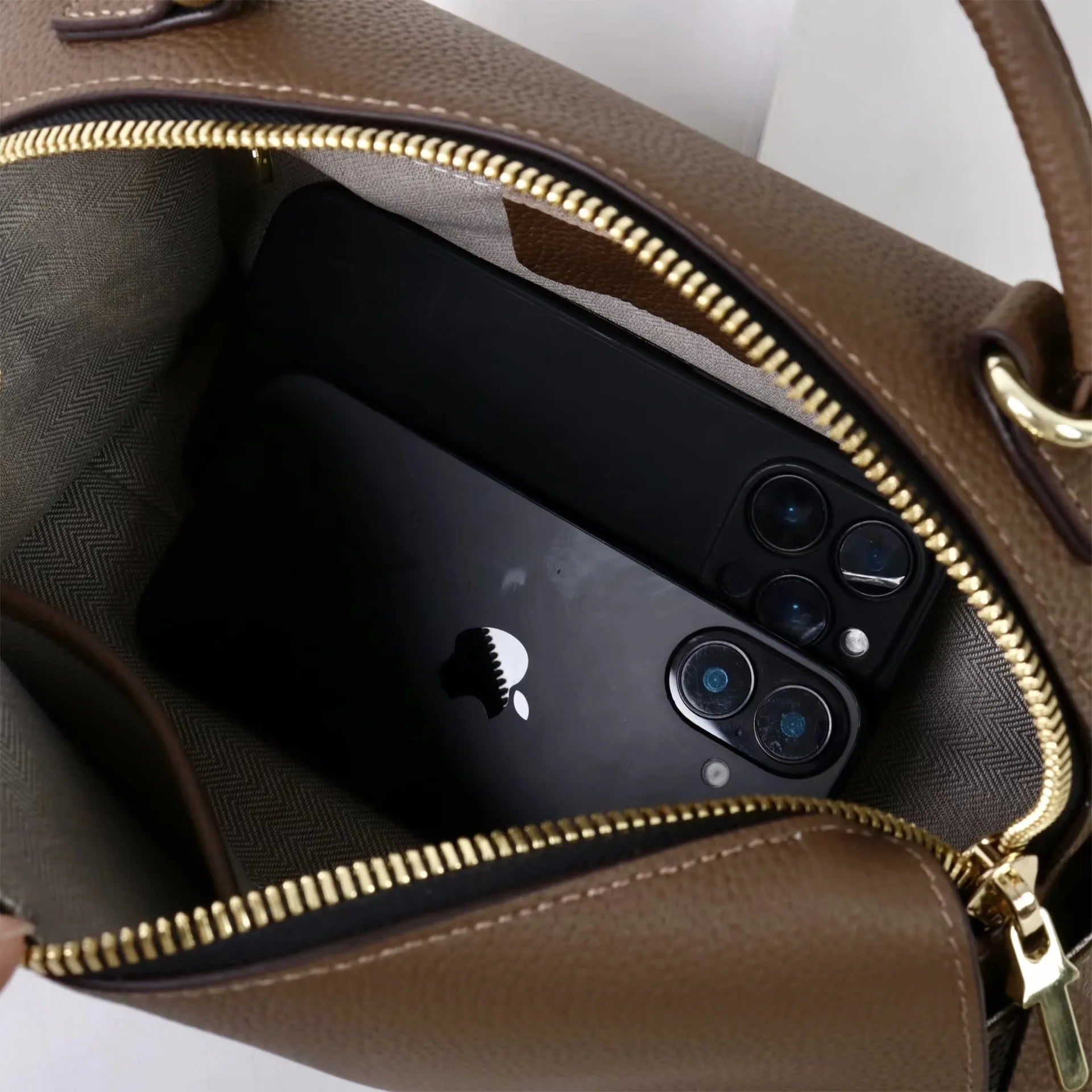 Beige Leather Bowling Tote