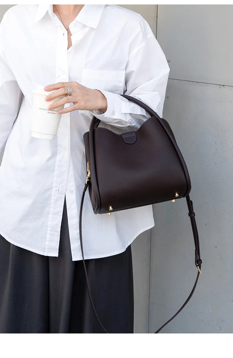 Beige Leather Bucket Tote Bag 2026