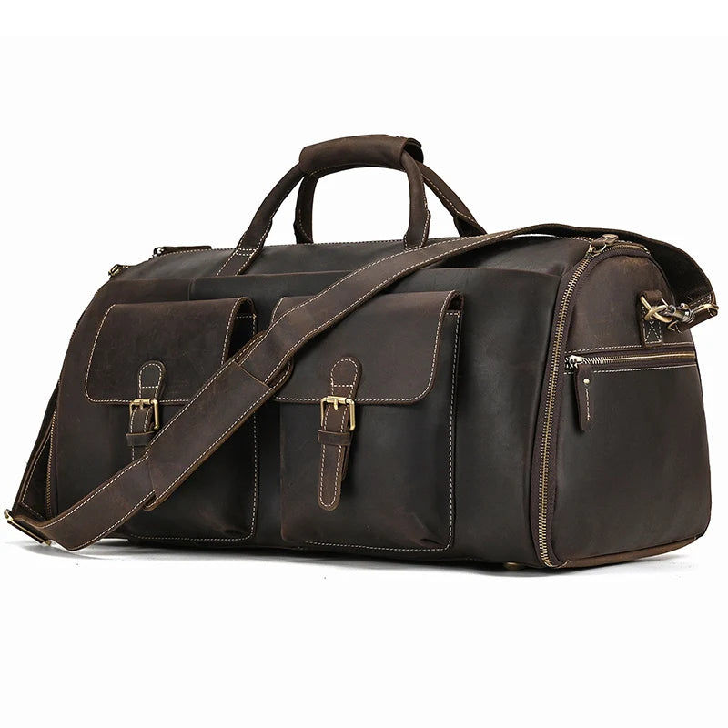 Premium Leather Garment Duffel Bag - Business Travel Suit Carrier with Shoe Compartment