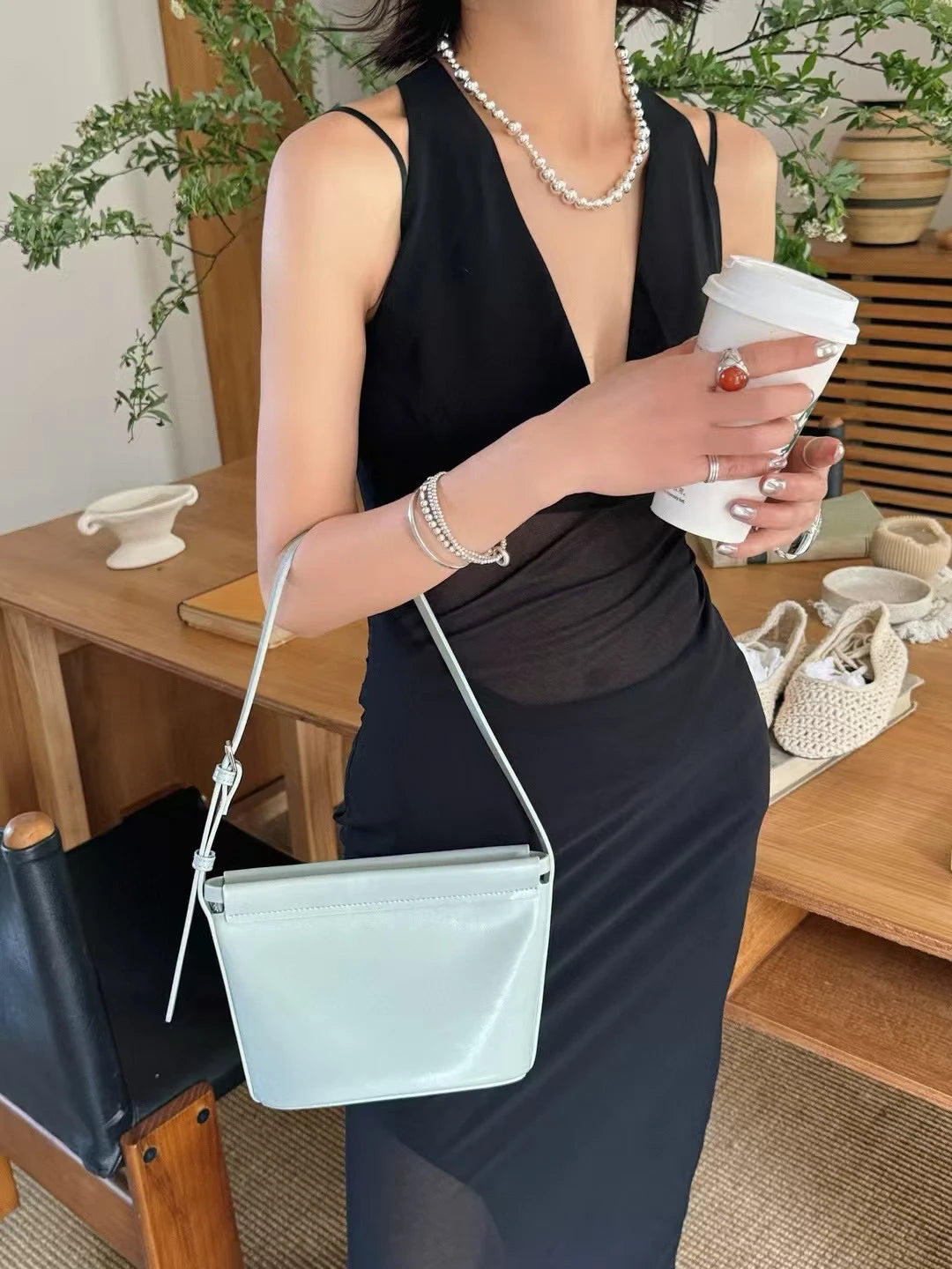 Beige Glossy Leather Flap Crossbody | KQ Premium