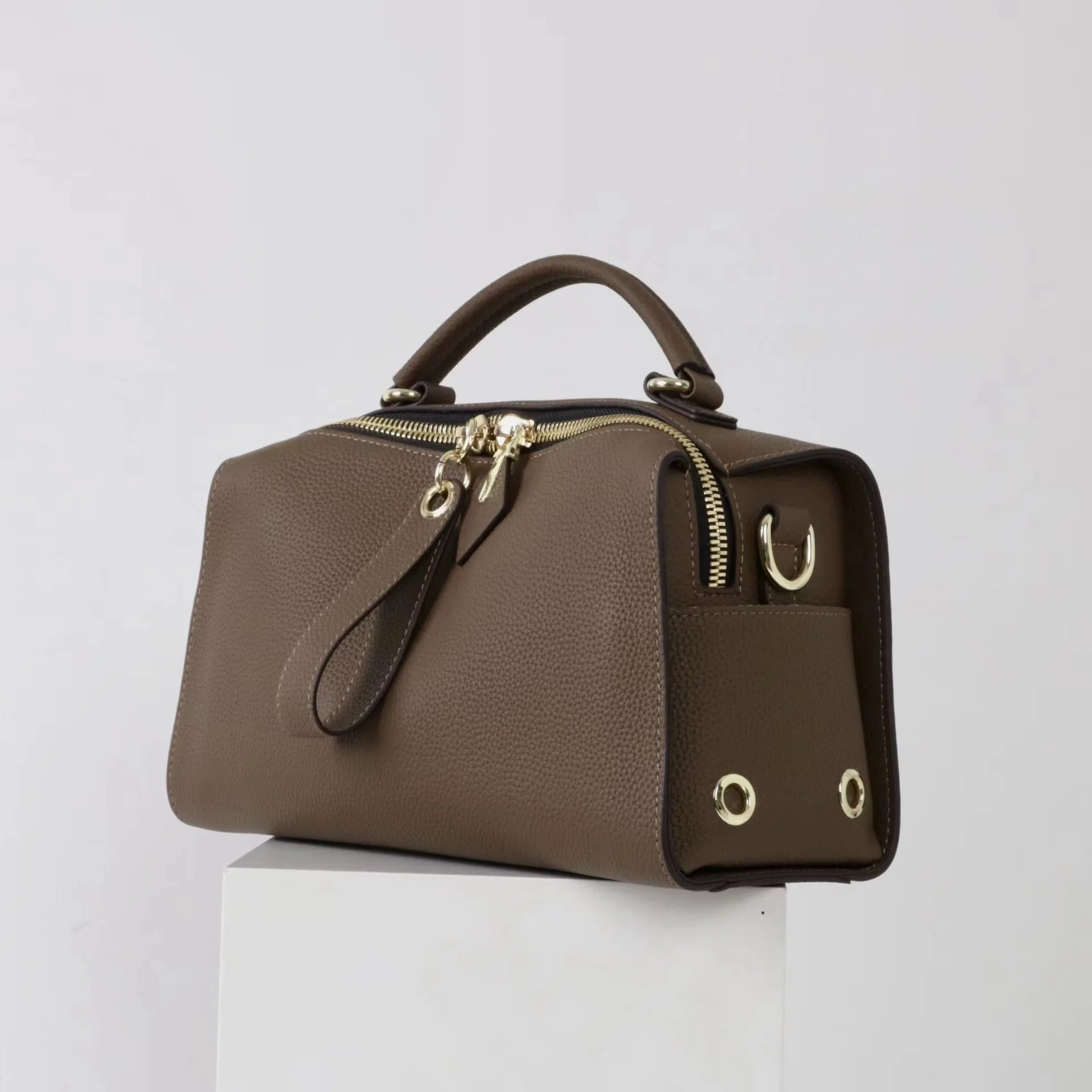Beige Leather Bowling Tote