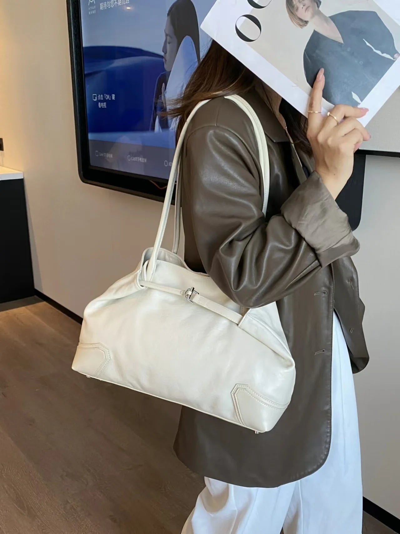 Beige Coffee Leather Tote Bag