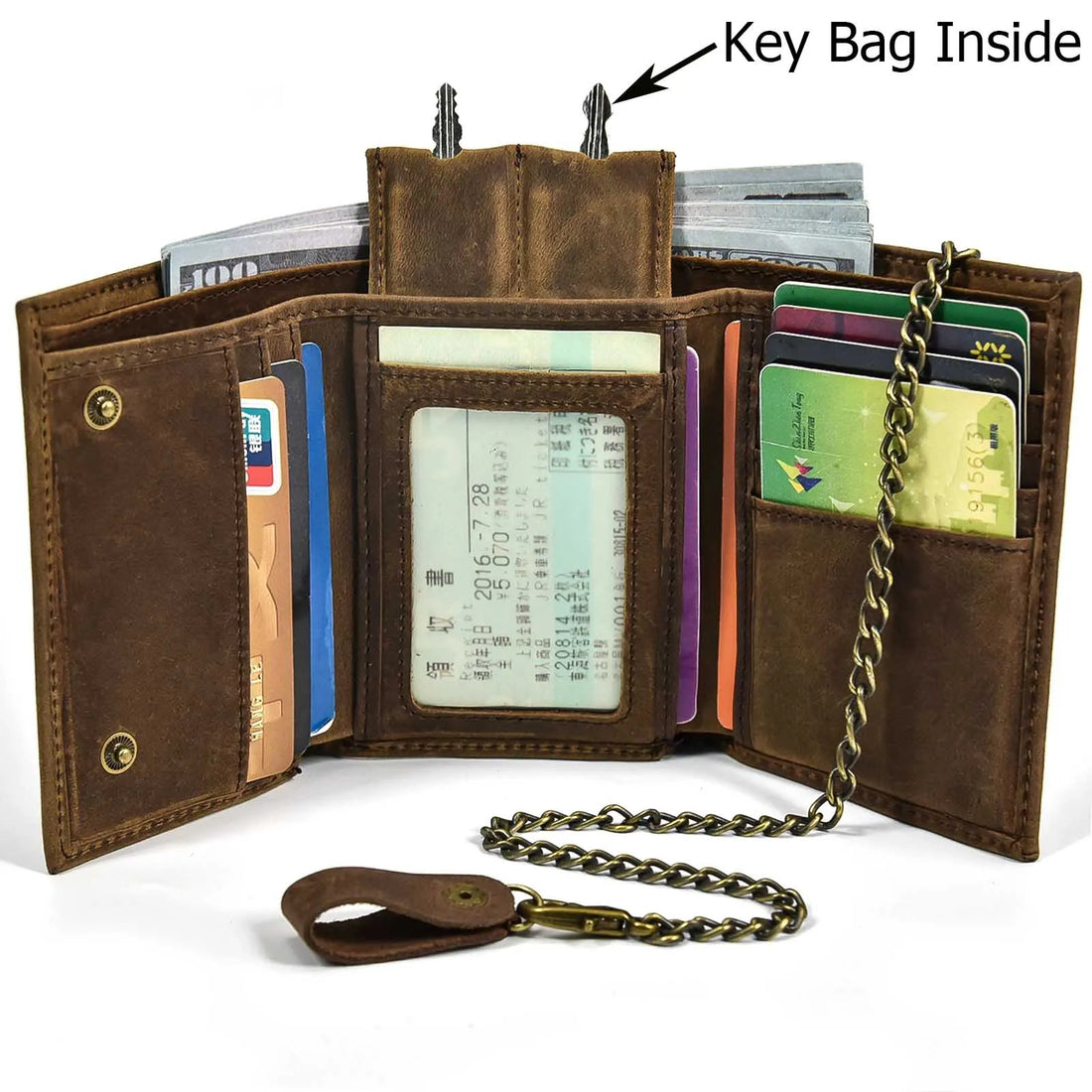 Men's Genuine Leather Chain Wallet Crazy Horse Trifold Zipper Clutch