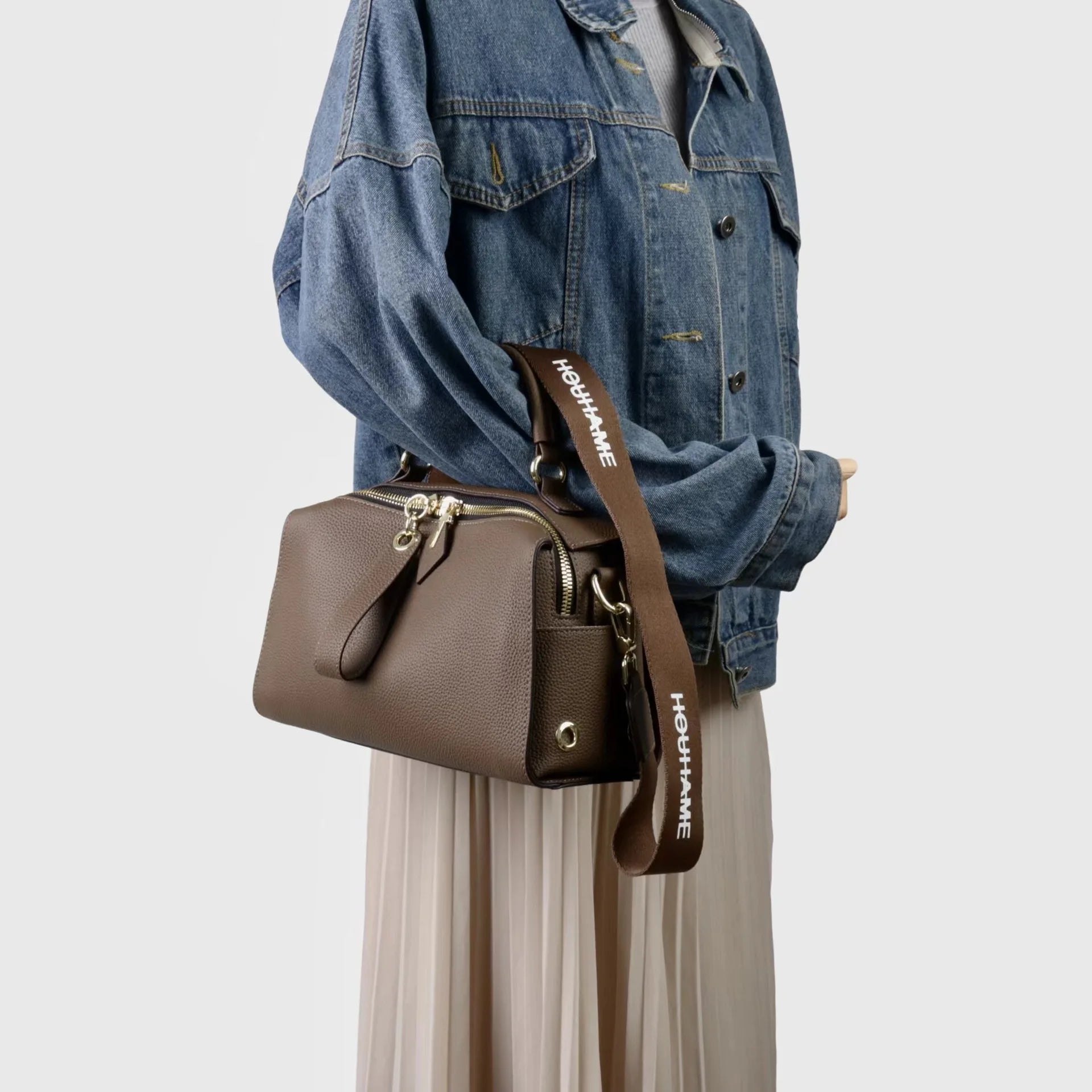 Beige Leather Bowling Tote