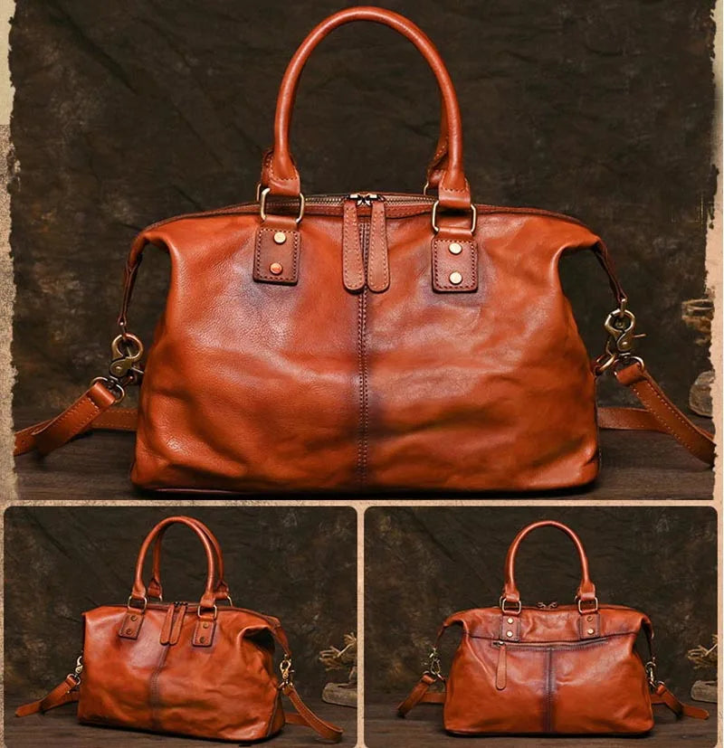 Vintage Leather Travel Duffel Bag - Genuine Cowhide Weekend Bag for Men & Women