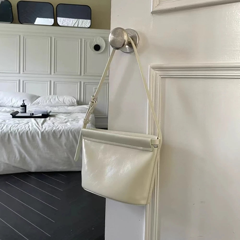 Beige Glossy Leather Flap Crossbody | KQ Premium