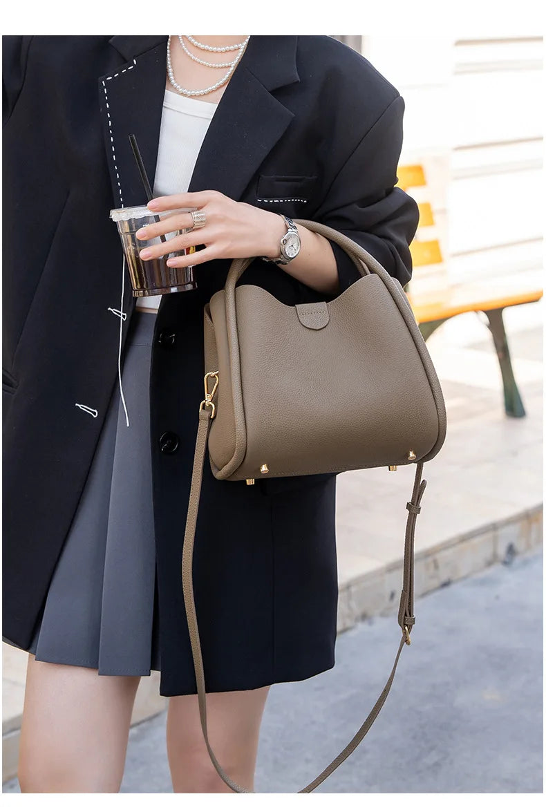 Beige Leather Bucket Tote Bag 2026