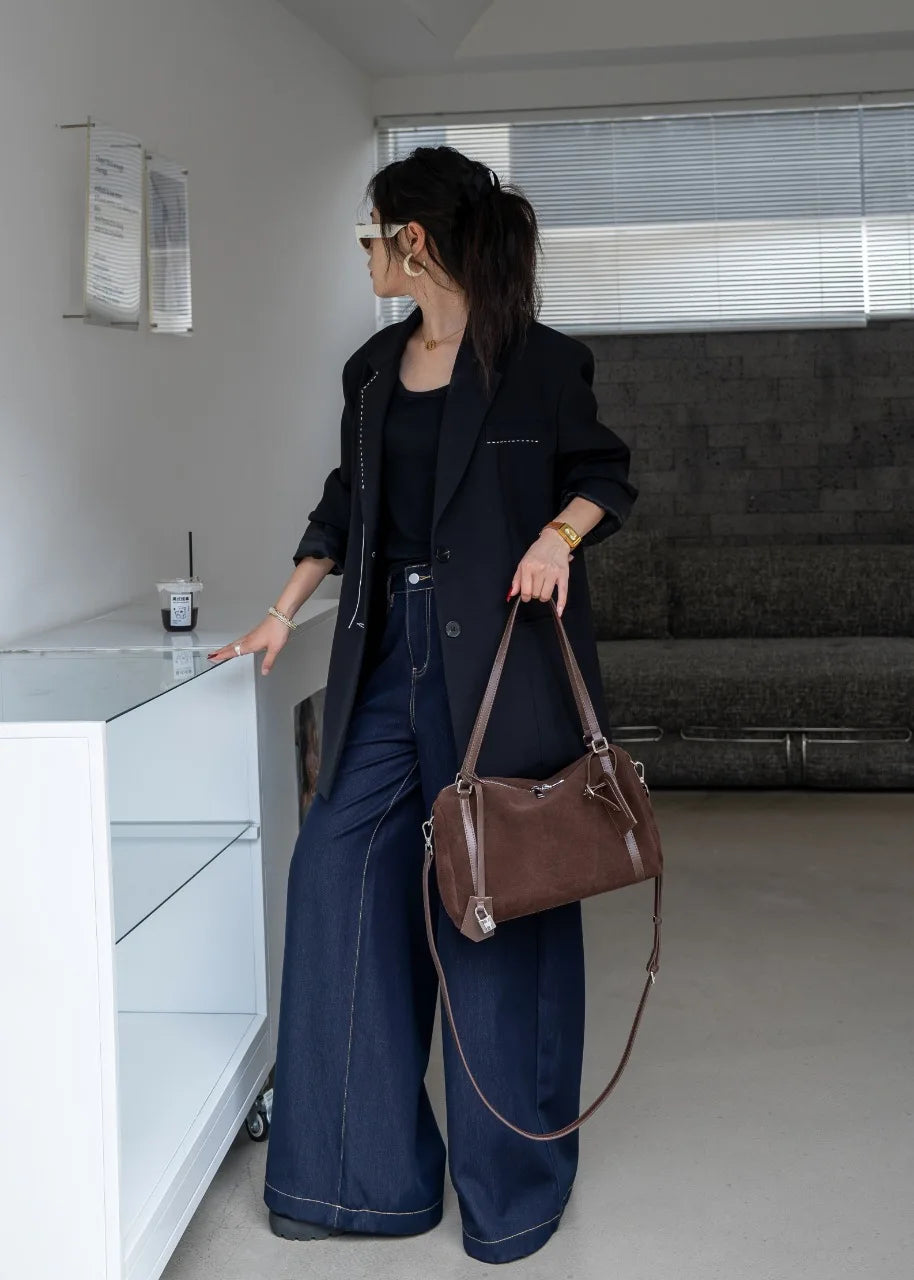 Black Suede Boston Tote Bag 2026