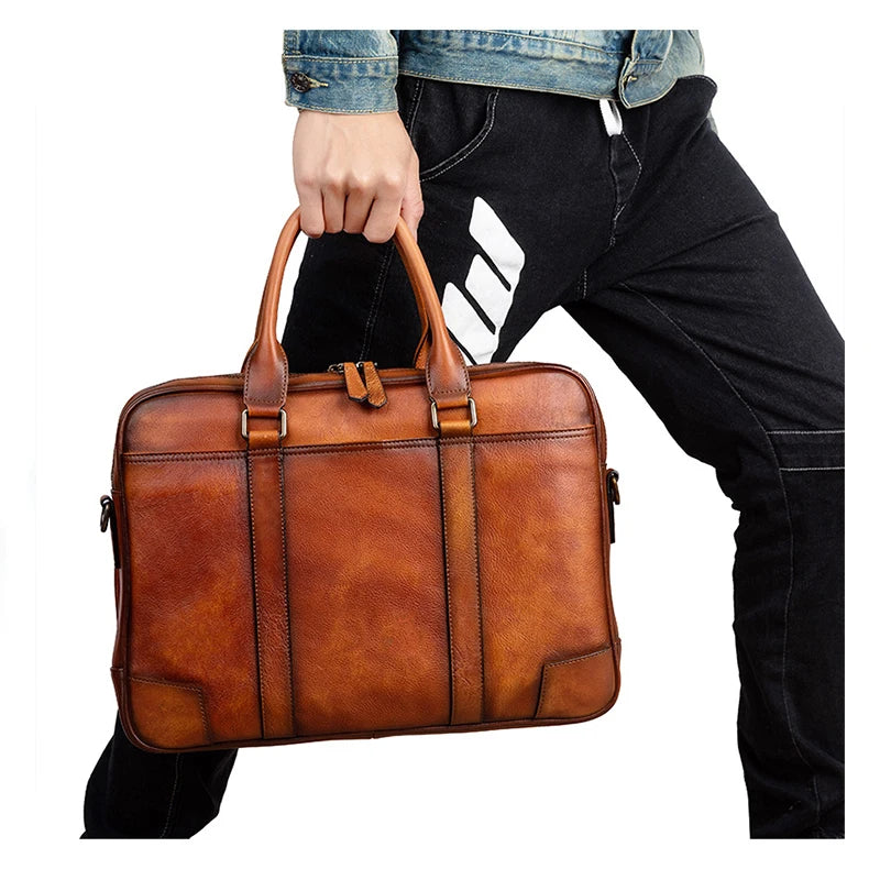 Leather Briefcase for Men - Laptop Bag with Dual Compartments