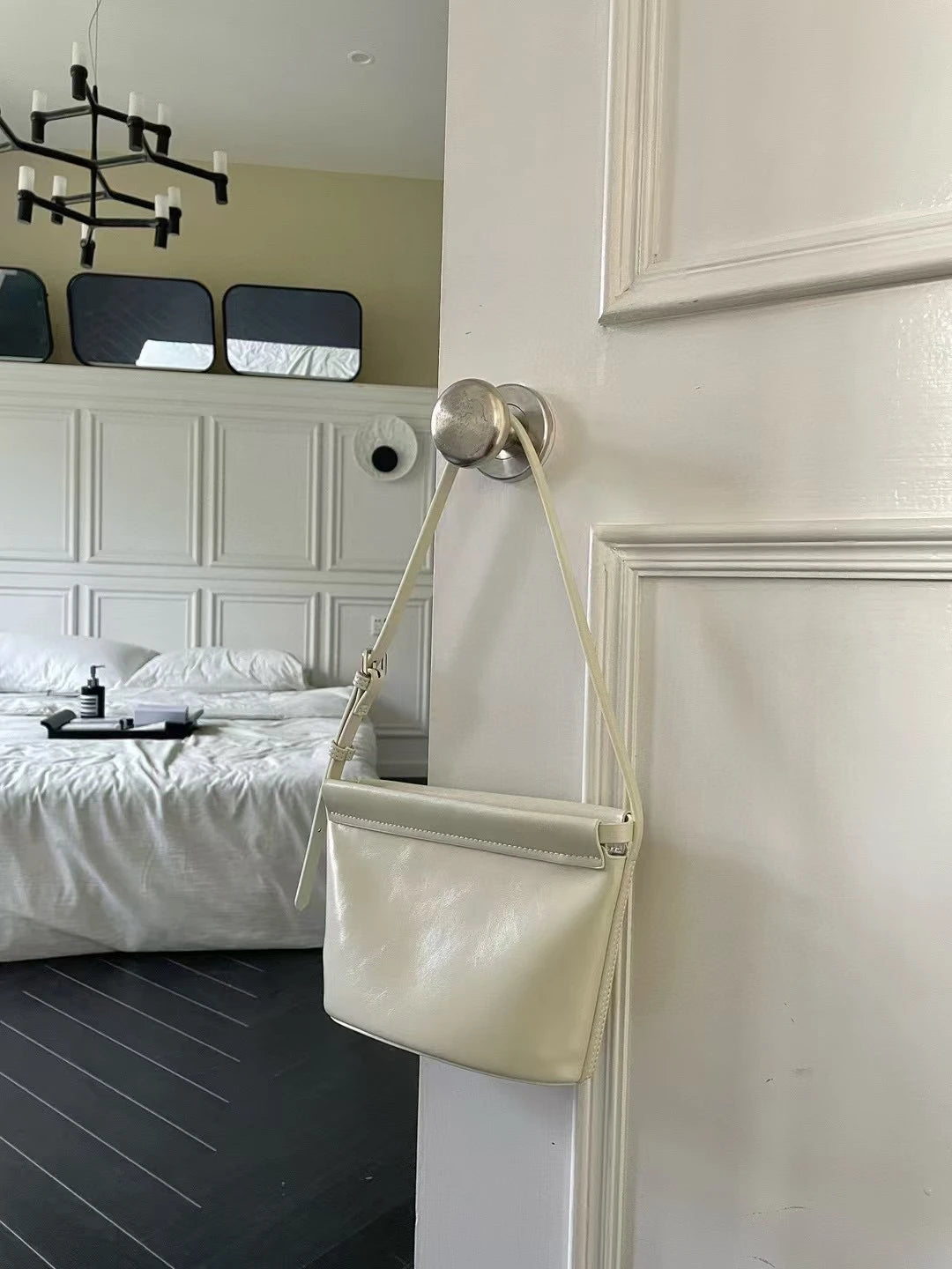 Beige Glossy Leather Flap Crossbody | KQ Premium