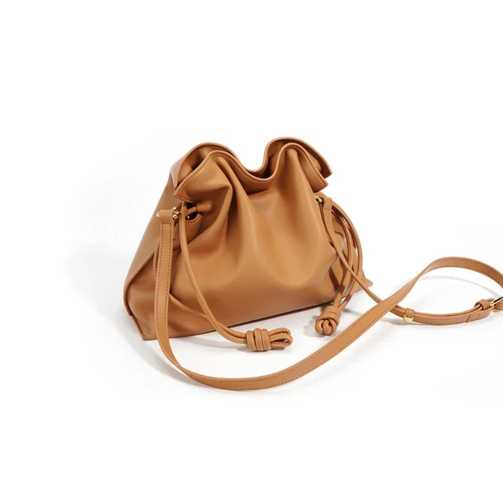 Beige Leather Drawstring Pouch Bag 2026
