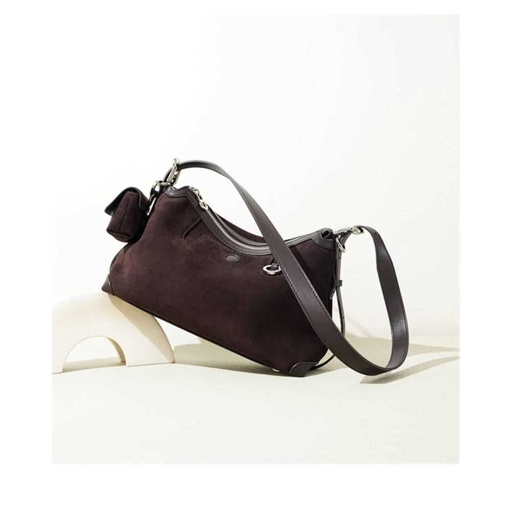 Baguette Crossbody with Keyring - Coffee Suede