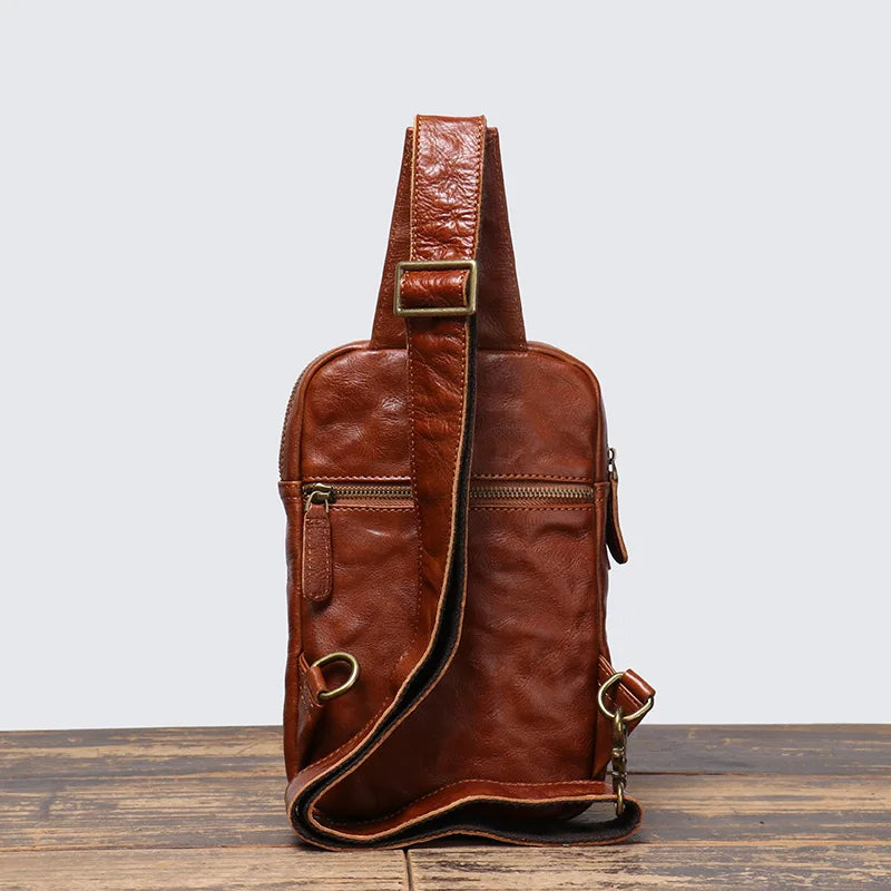 Leather Chest Bag Crossbody Sling with Zipper Closure