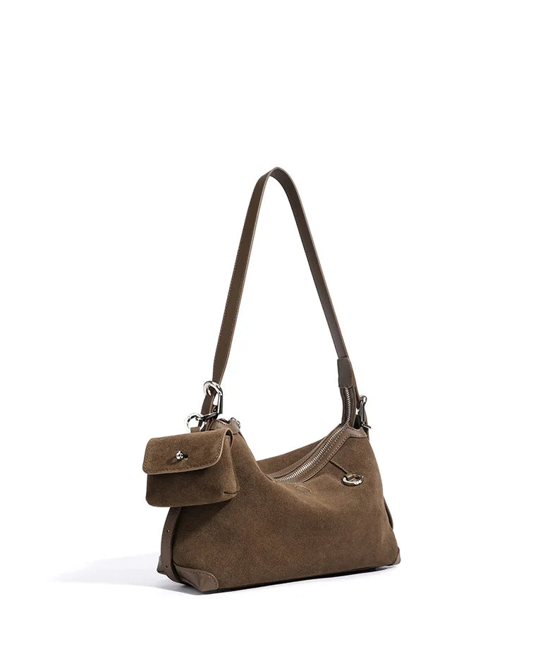 Baguette Crossbody with Keyring - Coffee Suede