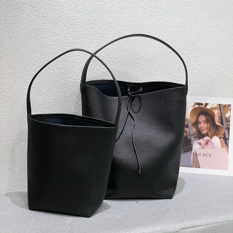 Black Leather Bucket Tote - Small | KQ Premium
