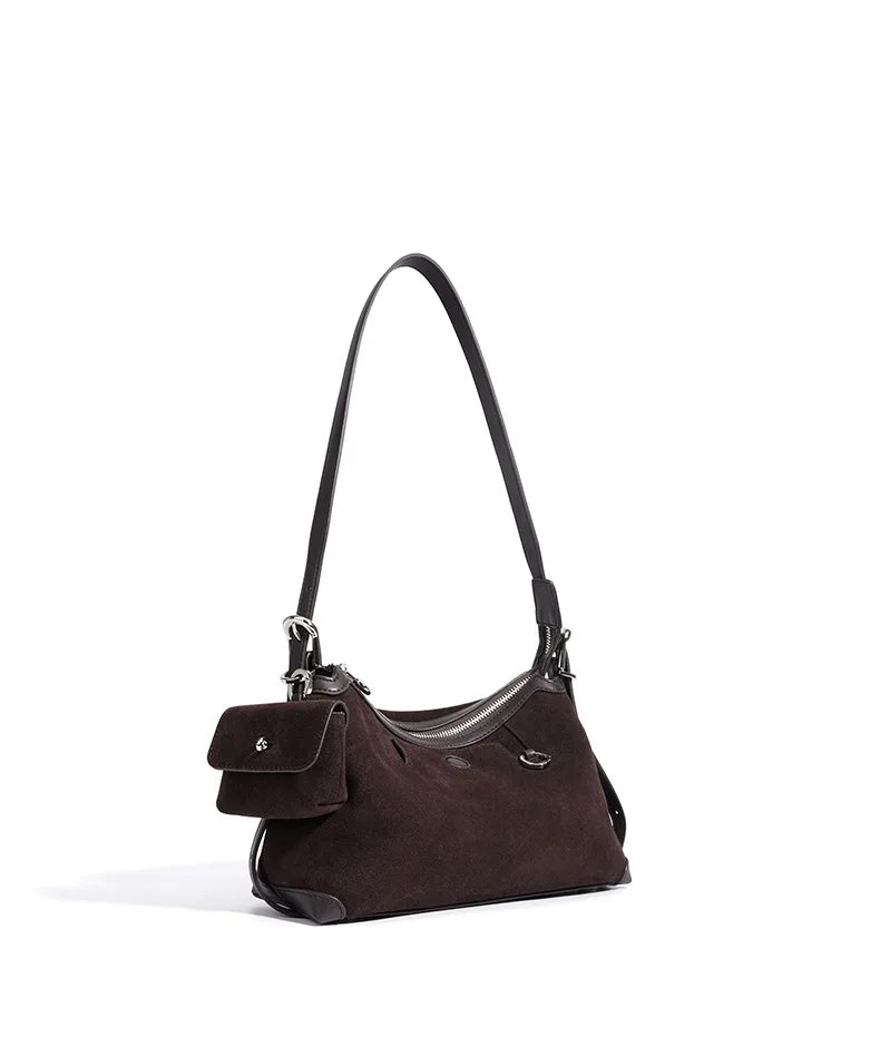 Baguette Crossbody with Keyring - Coffee Suede