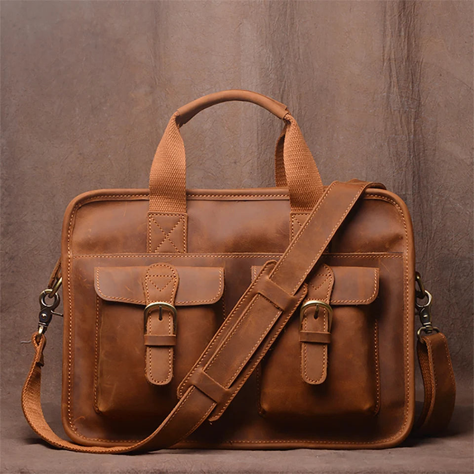 Leather Briefcase – 14 Inch Laptop Bag with Shoulder Strap