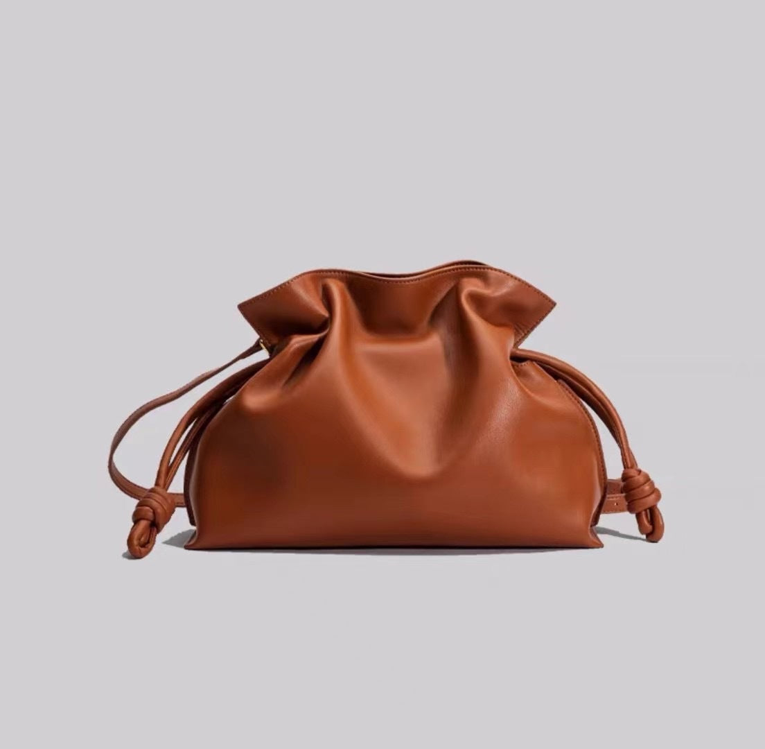 Beige Leather Drawstring Pouch Bag 2026