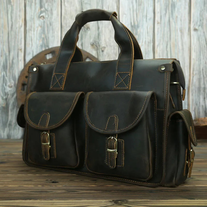 Crazy Horse Leather Messenger Briefcase for Men - 15 Inch Laptop Bag