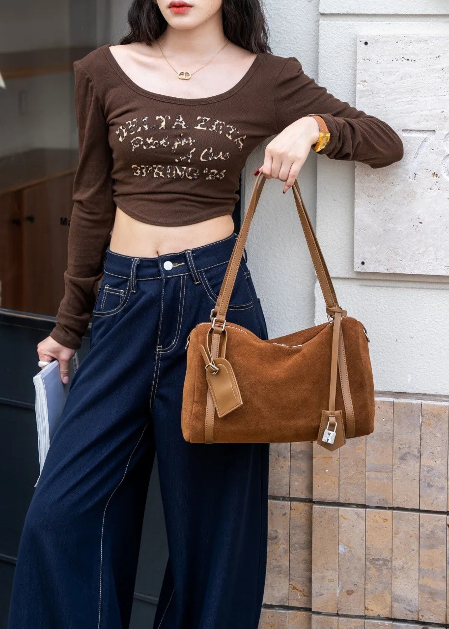 Black Suede Boston Tote Bag 2026