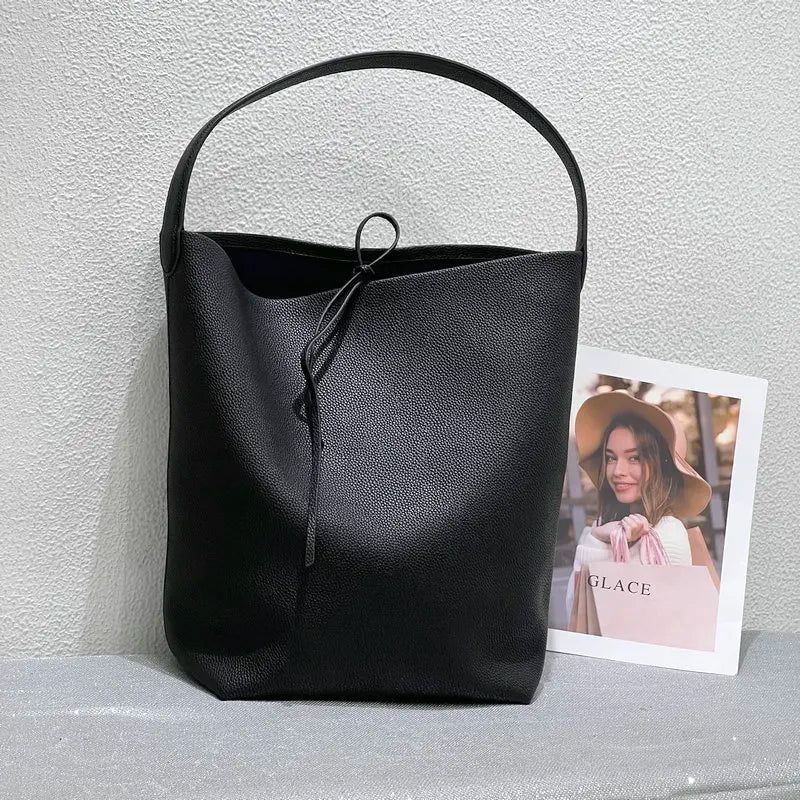 Black Leather Bucket Tote - Small | KQ Premium