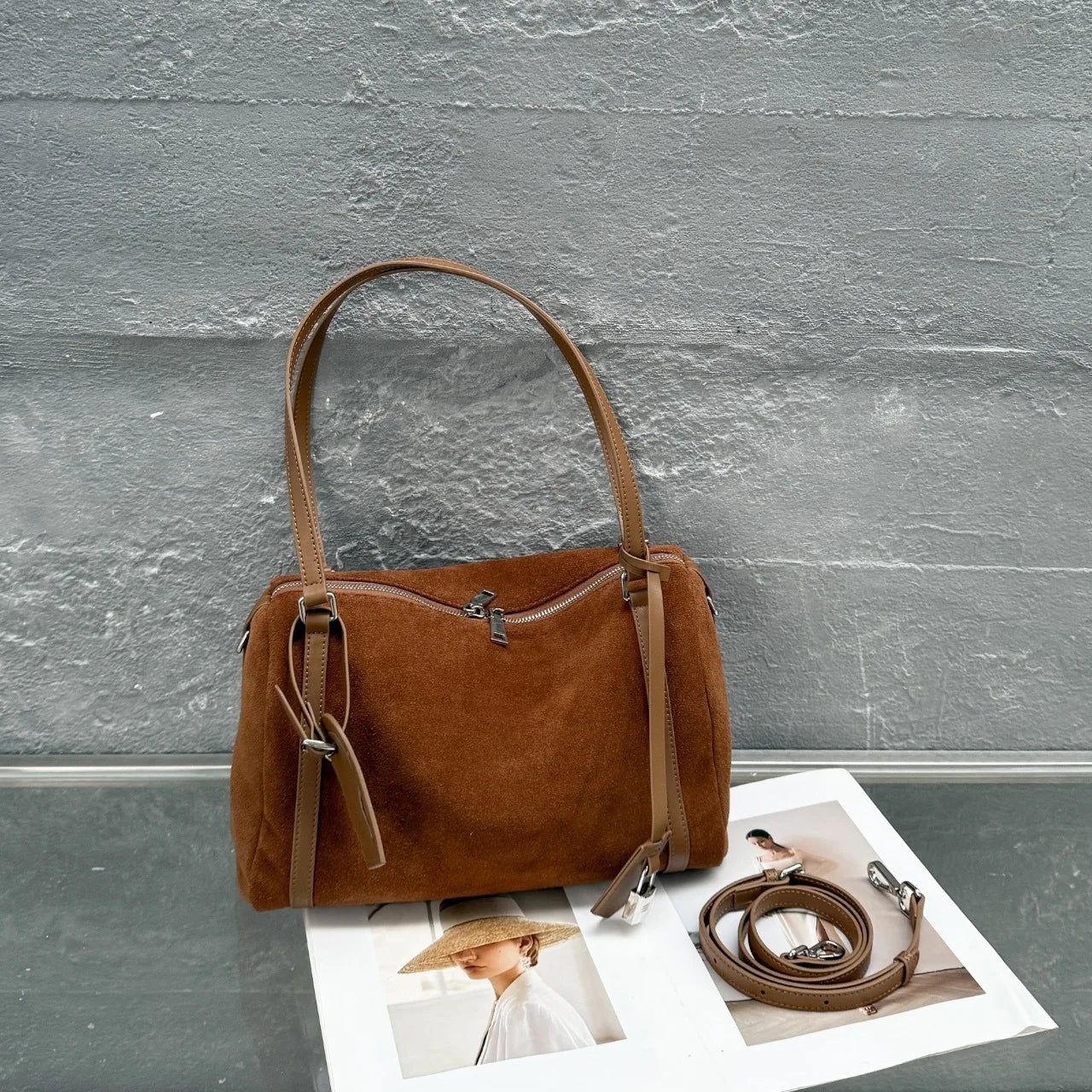 Black Suede Boston Tote Bag 2026