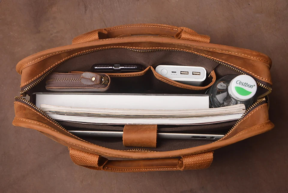 Leather Briefcase – 14 Inch Laptop Bag with Shoulder Strap
