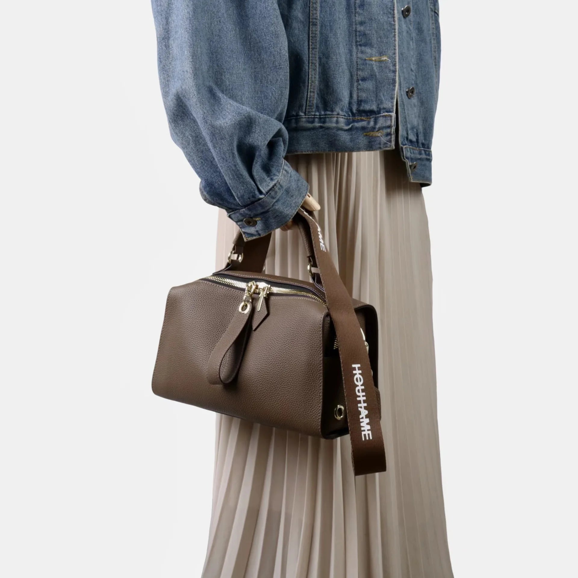 Beige Leather Bowling Tote