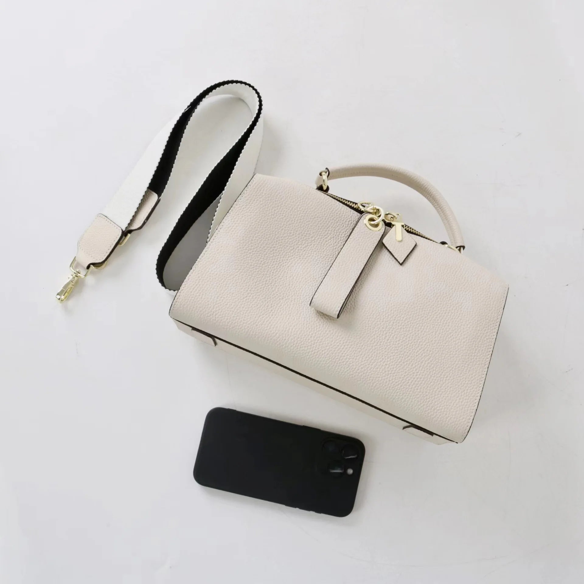 Beige Leather Bowling Tote