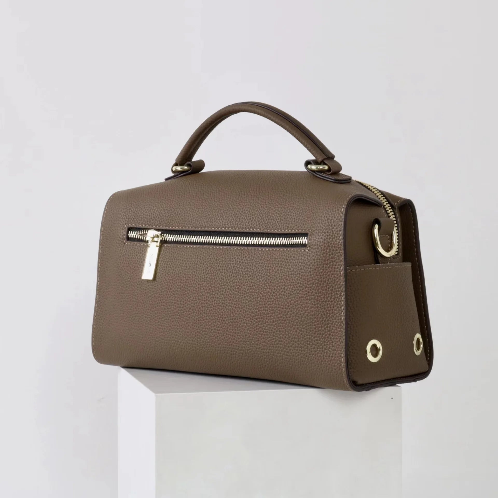 Beige Leather Bowling Tote