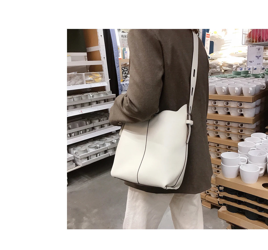 Brown Leather Bucket Bag - Adjustable Shoulder Handbag