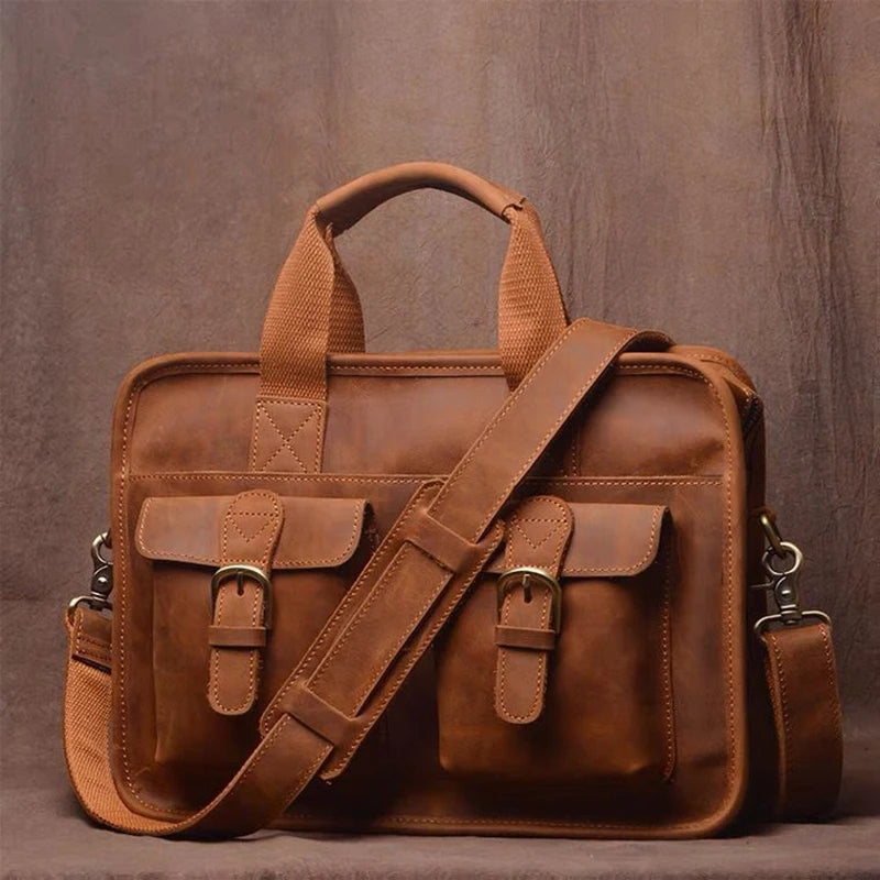 Leather Briefcase – 14 Inch Laptop Bag with Shoulder Strap