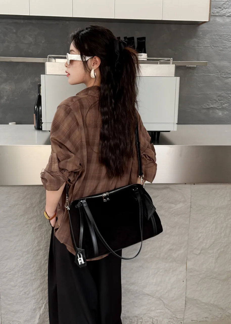 Black Suede Boston Tote Bag 2026