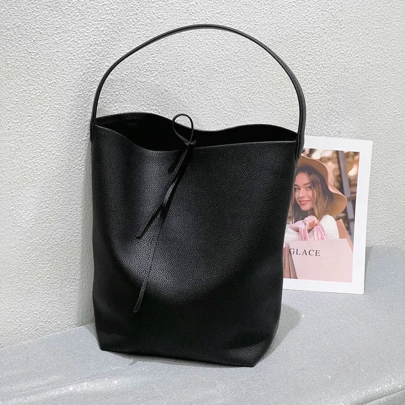 Black Leather Bucket Tote - Small | KQ Premium