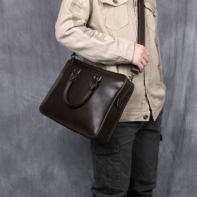 Leather Briefcase 14 Inch Laptop Bag with Shoulder Strap