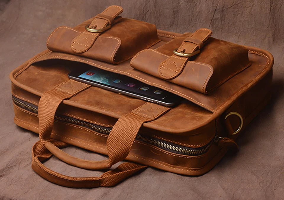 Leather Briefcase – 14 Inch Laptop Bag with Shoulder Strap