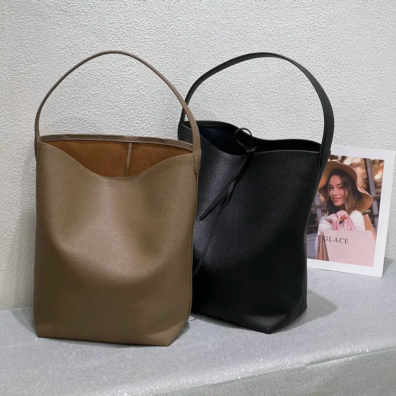 Black Leather Bucket Tote - Small | KQ Premium