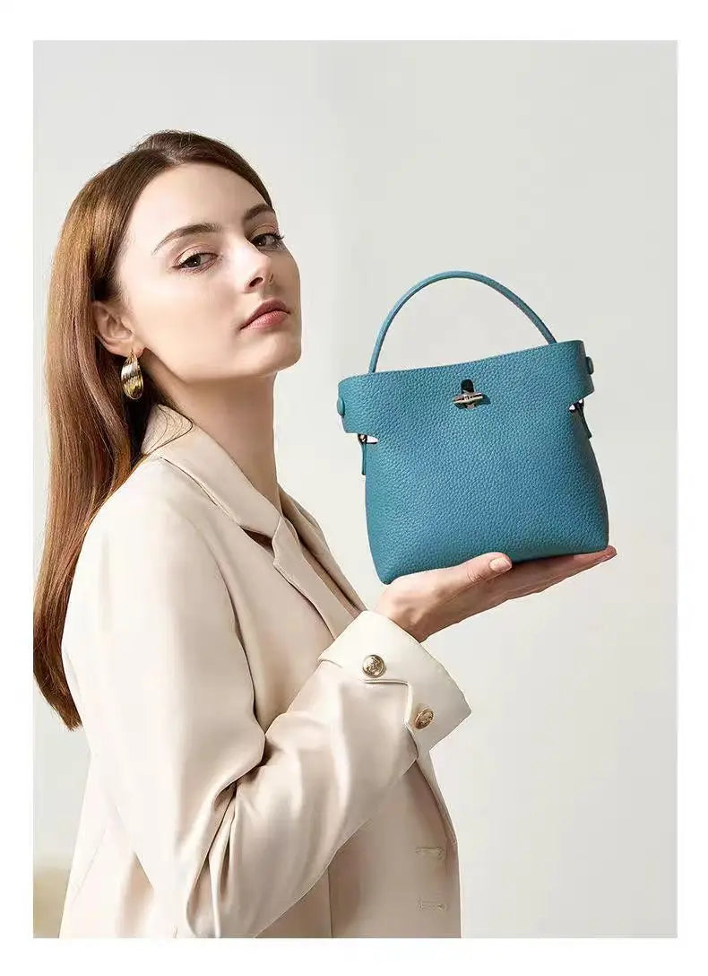 Blue Bucket Tote - Buckle Closure Leather Shoulder Bag