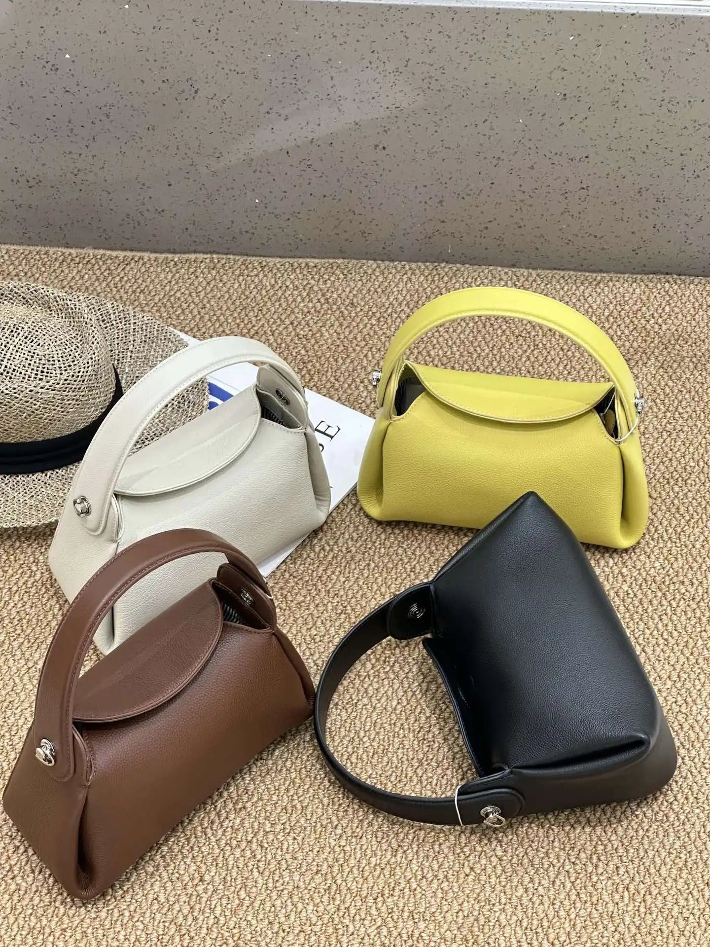 Beige Yellow Leather Tote Bag - Magnetic Closure Shoulder Handbag