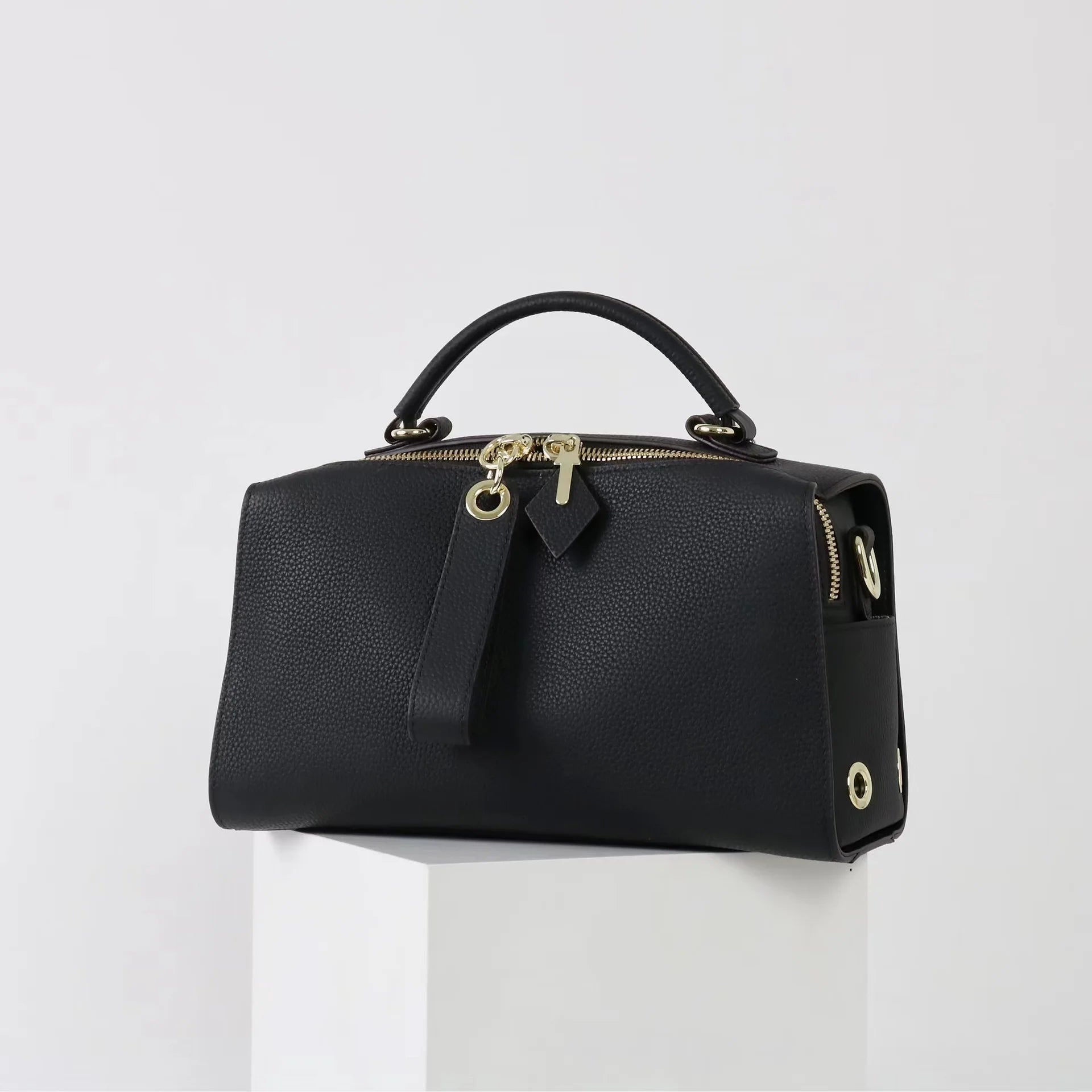 Beige Leather Bowling Tote