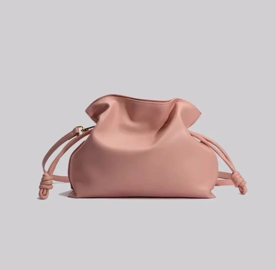 Beige Leather Drawstring Pouch Bag 2026