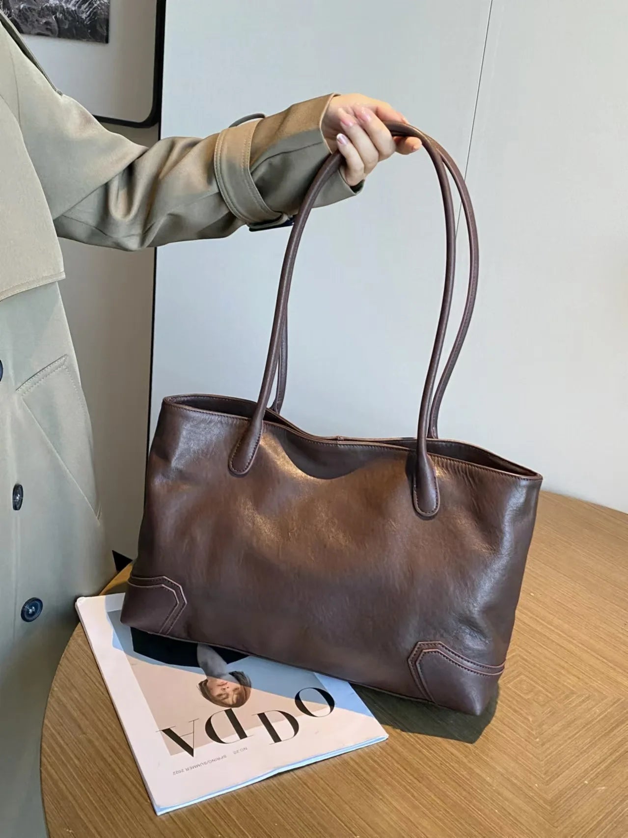 Beige Coffee Leather Tote Bag