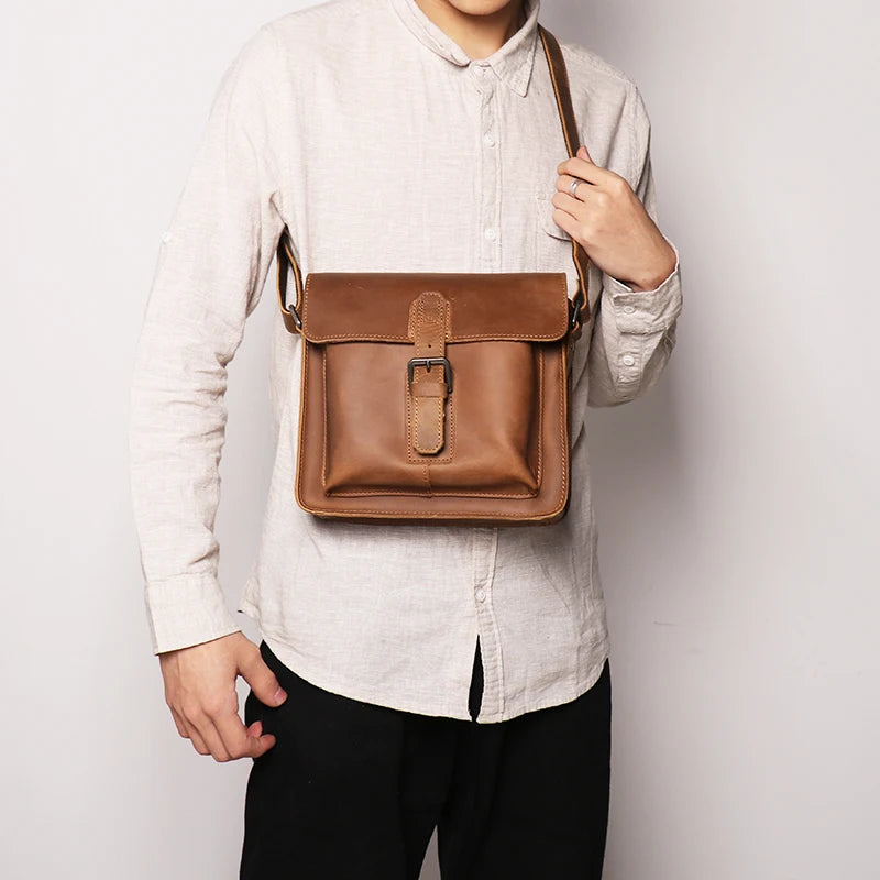 Leather Crossbody Bag - Vintage Square Shoulder Bag with Zipper