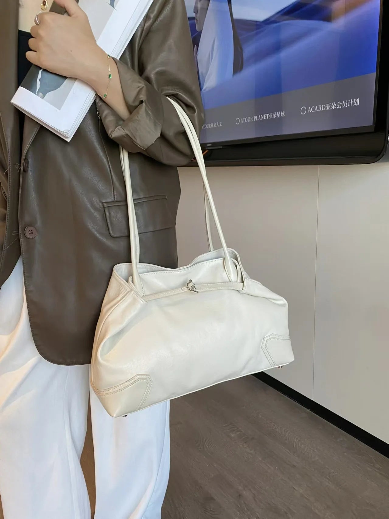 Beige Coffee Leather Tote Bag
