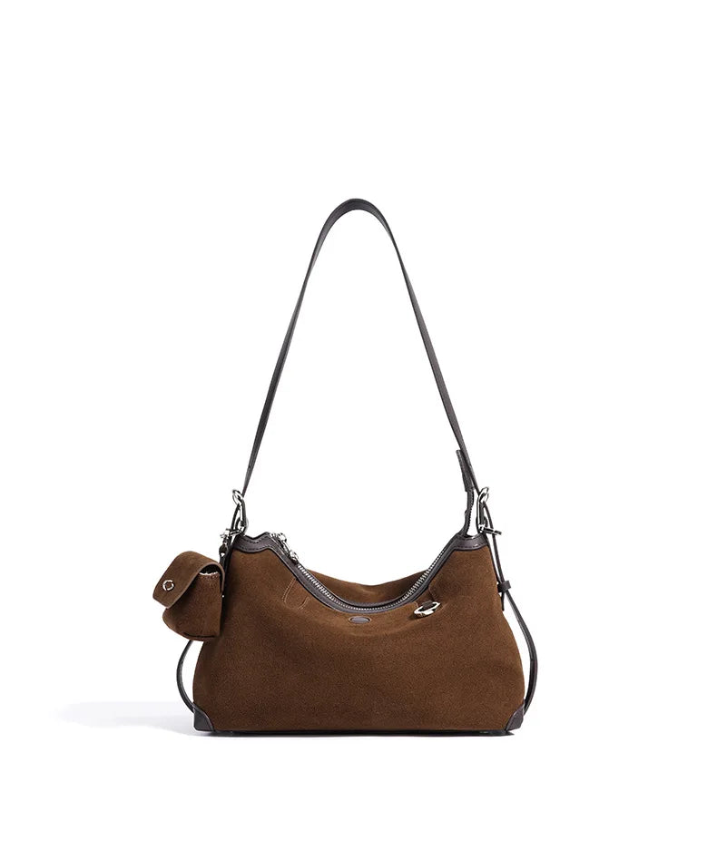 Baguette Crossbody with Keyring - Coffee Suede