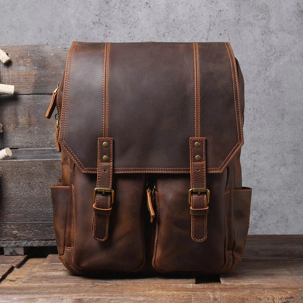Crazy Horse Leather Backpack - 15 Inch Laptop Rucksack for Men